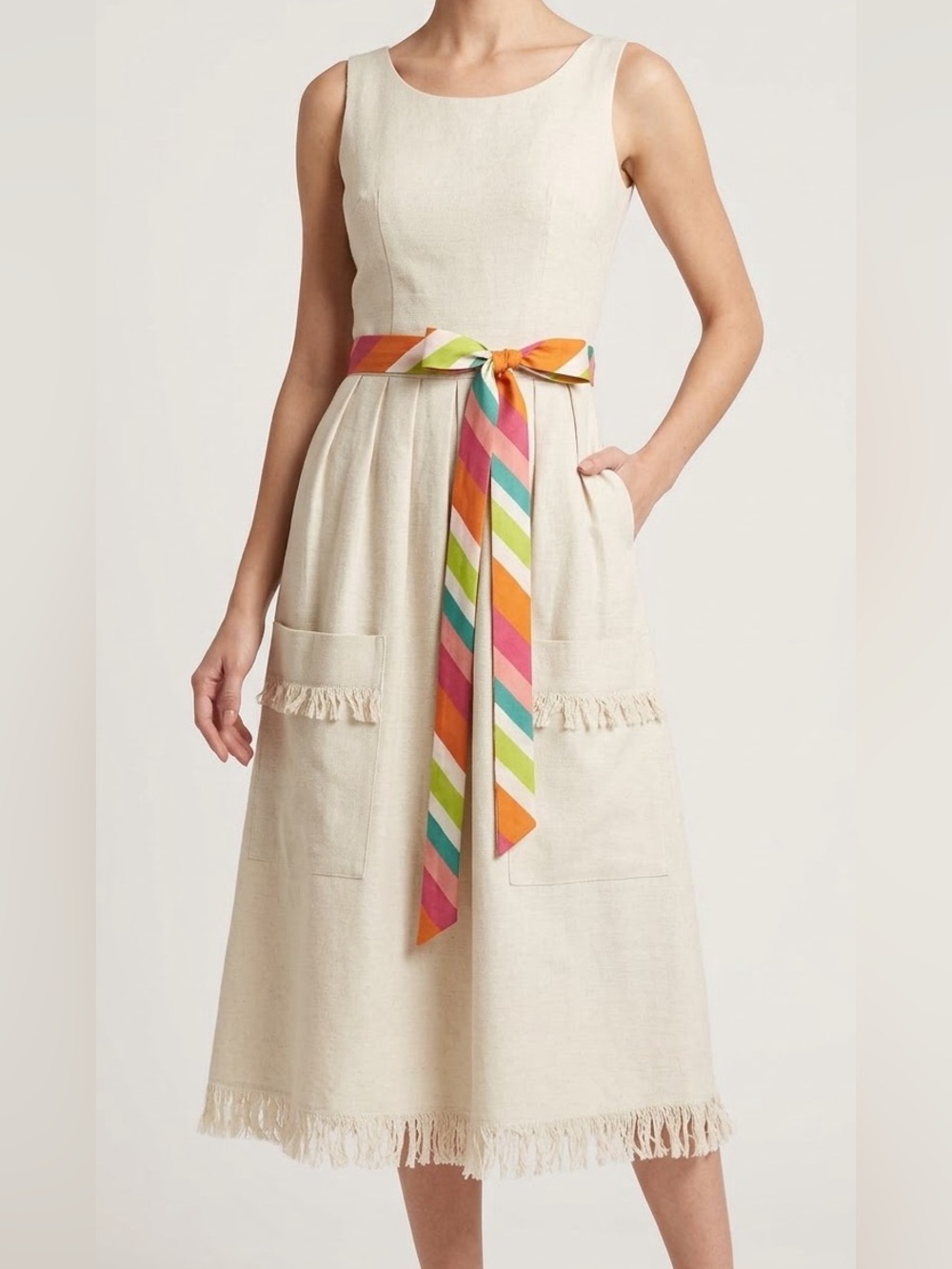 VINTAGE 1960s Textured Linen Fringe A-Line Midi Dress - FLawless / Size S